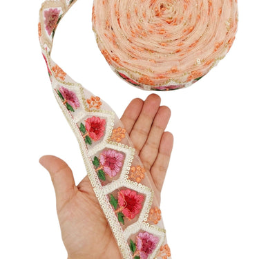 9 Yards Peach Soft Net Lace Trim Floral Embroidery and Gold Sequins, Floral Sari Border, Decorative Trim